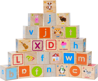 Fidtoy Wooden ABC Blocks for Toddlers, 26-Piece Alphabet Learning Blocks with Uppercase Lowercase Letters, Pictures, Colors and Storage Bag Age 24M+