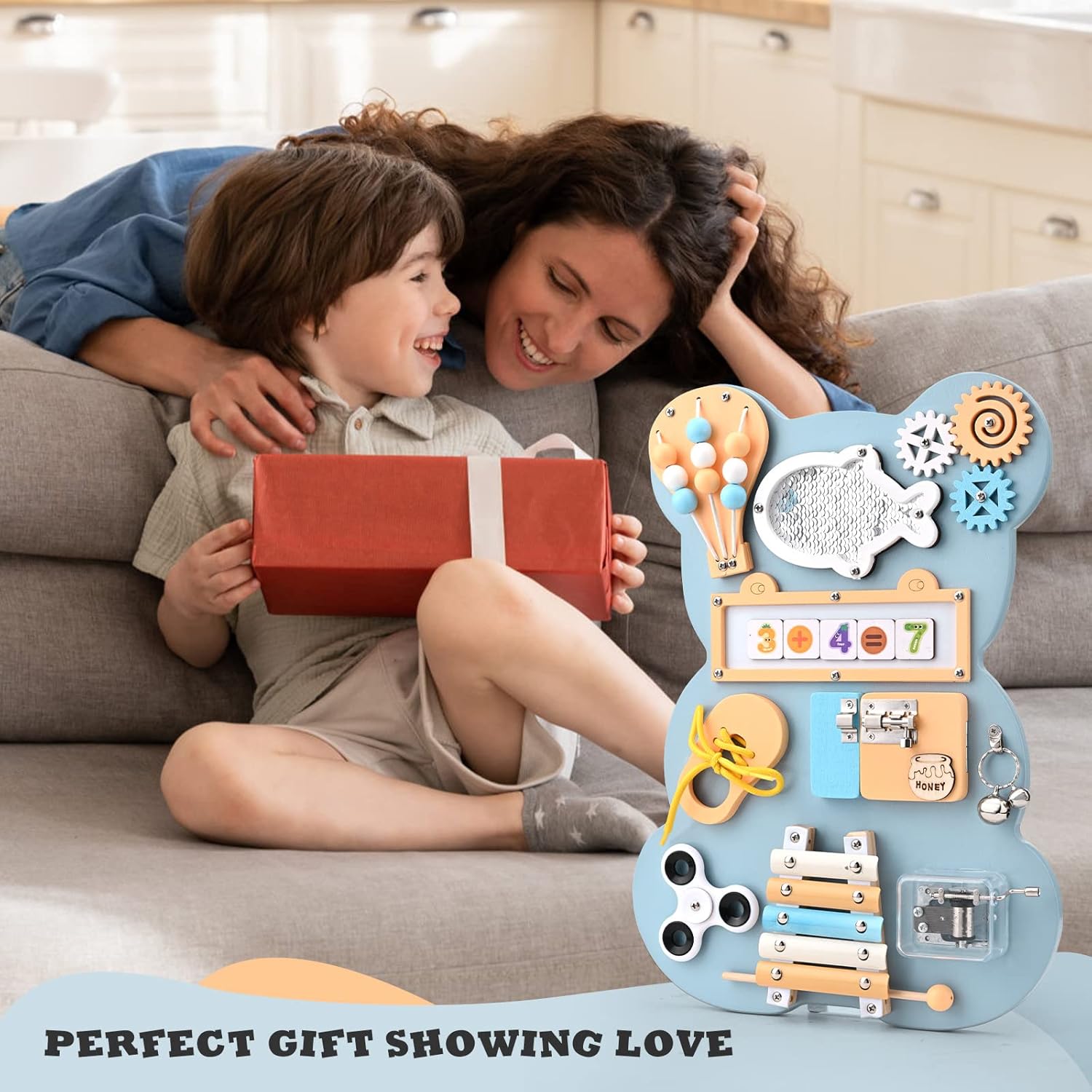 Fidtoy Montessori Busy Board Toy for Toddlers Wooden Activity Board with Music Xylophone Locks Beads Fine Motor Skills Learning Toy Travel Quiet Toy