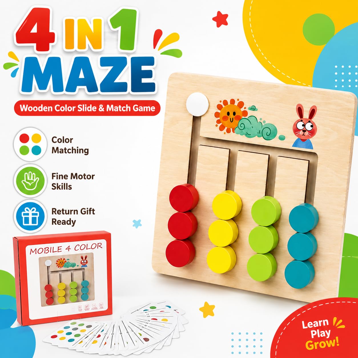 Fidtoy Small Wooden 4 Colour Logic Game for Kids Ages 3+, Compact Wooden Maze Puzzle with Sliding Shapes, Color Matching, Fine Motor Play and Problem Solving Learning Board
