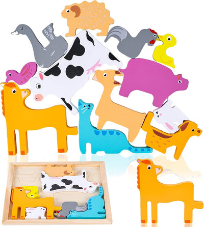 Fidtoy 3D Assembling Puzzle Board Random Design, Wooden Farm Animal Puzzle Board, Number Matching Fine Motor Learning Toy for Kids