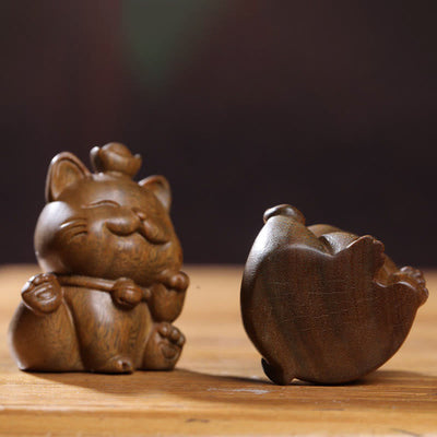 Buddha Stones Mini Green Sandalwood Ingot Lucky Cat Carved Peace Desk Decorations Decorations BS 7