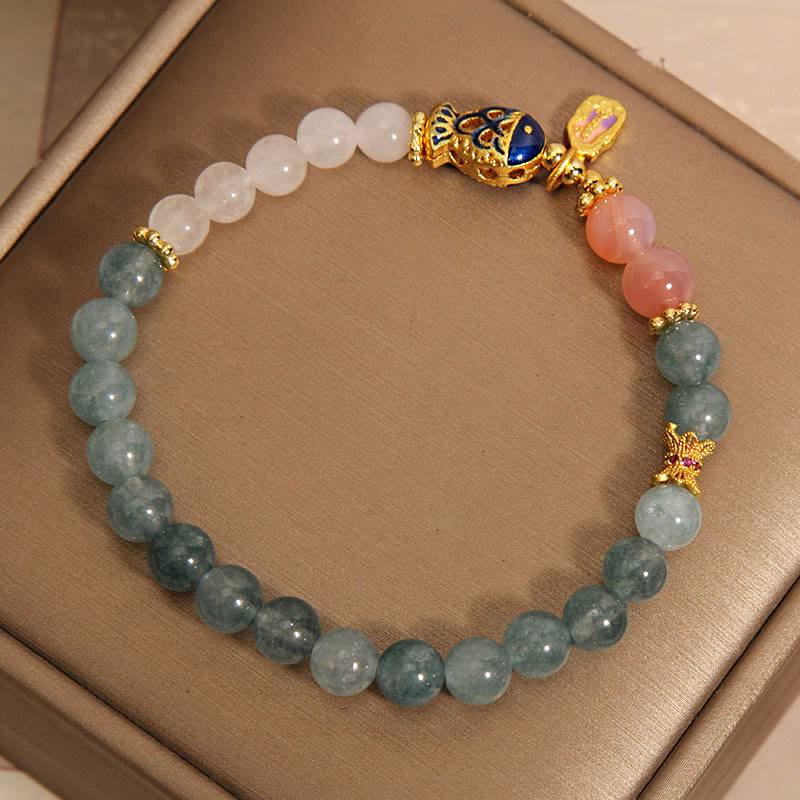 Buddha Stones Jade Yanyuan Agate White Jade Koi Fish Scripture Charm Luck Bracelet Bracelet BS 2