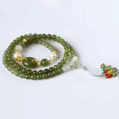 Buddha Stones Hetian Jade Pearl Peace Buckle Luck Wealth String Bracelet Bracelet BS 2