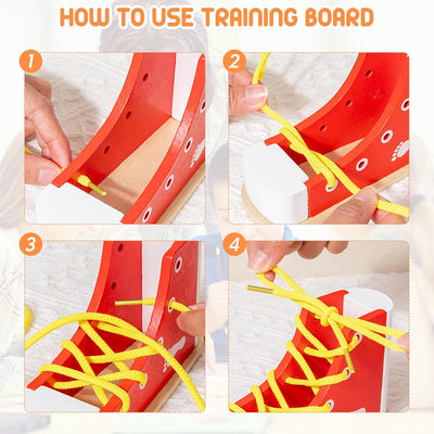 Práctica de Atado de Zapatos para Niños, Práctica de Atado de Zapatos Rojos para Niños con Cordones de Enhebrado, Entrenamiento de Zapatos de Madera para Aprender a Atar los Zapatos, Habilidades Básicas para la Vida