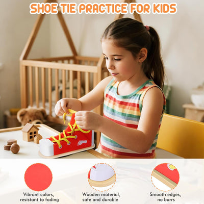 Práctica de Atado de Zapatos para Niños, Práctica de Atado de Zapatos Rojos para Niños con Cordones de Enhebrado, Entrenamiento de Zapatos de Madera para Aprender a Atar los Zapatos, Habilidades Básicas para la Vida