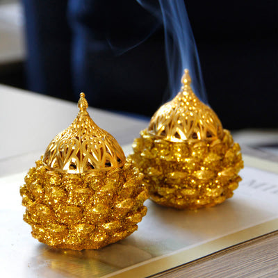 Buddha Stones Gold Pine Cone Pattern Spiritual Rituals Mini Incense Burner Home Tabletop Decor Incense Burner BS 18
