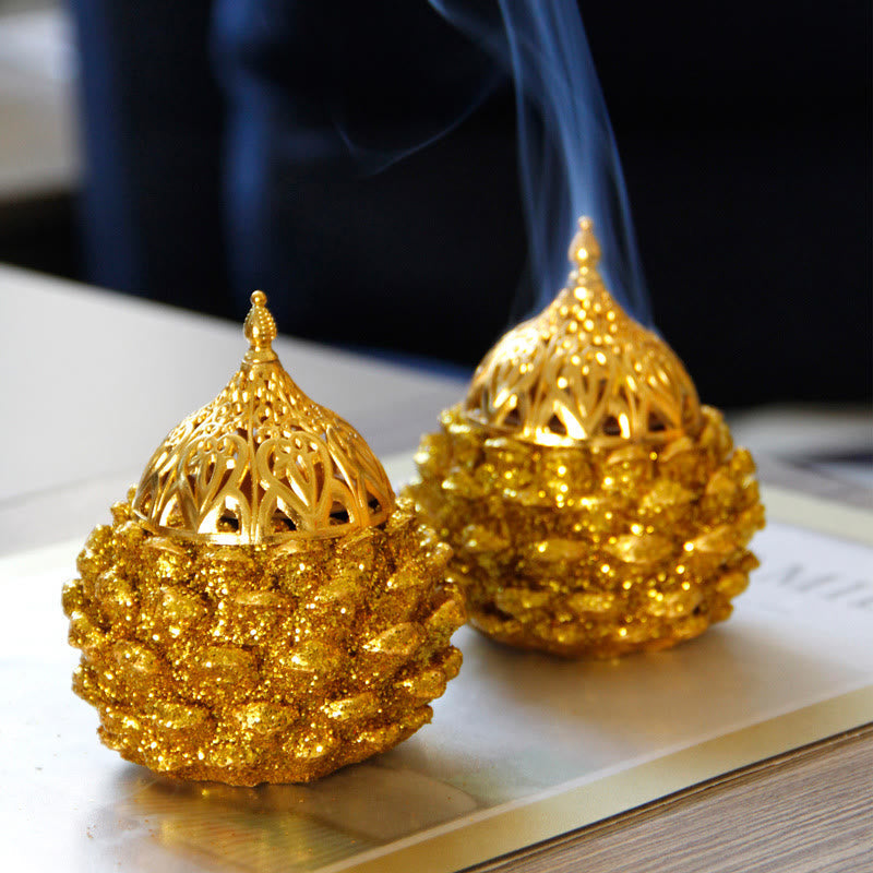 Buddha Stones Gold Pine Cone Pattern Spiritual Rituals Mini Incense Burner Home Tabletop Decor Incense Burner BS 18