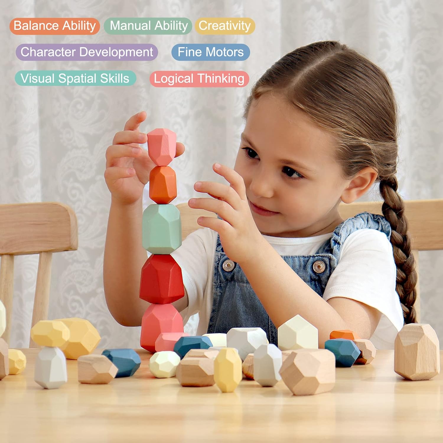 Juguete Montessori de Bloques de Construcción de Piedras de Madera Coloreadas (Coordinación y Concentración)
