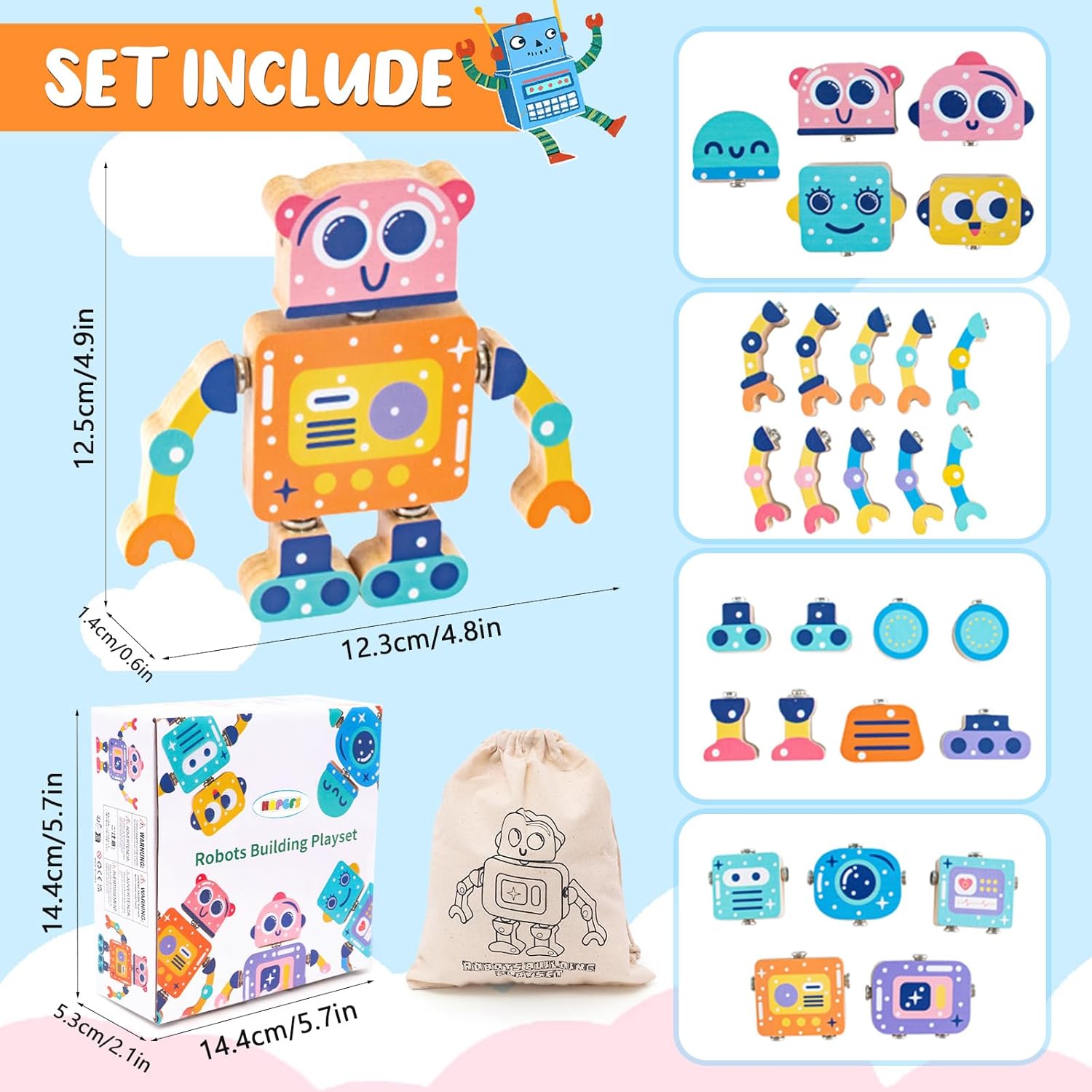 Juguete de construcción de robot de madera Fidtoy, juego de encastre para niños