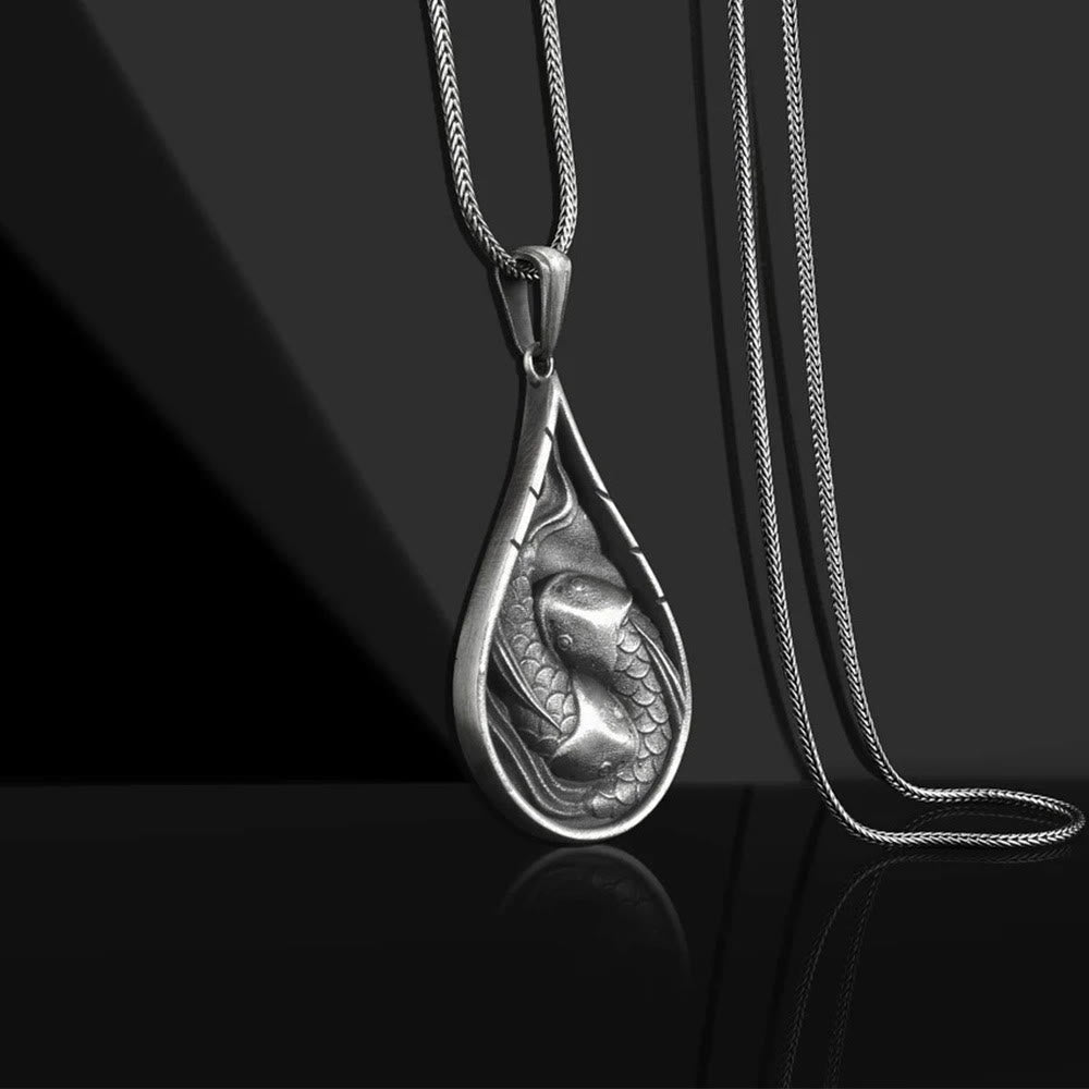 Buddha Stones Double Lucky Koi Fish Prosperity Pure Tin Water Drop Pattern Necklace Pendant Necklaces & Pendants BS 1