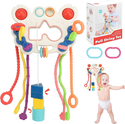 Fidtoy 5-in-1 Pull String Motor Skills and Sensory Activity Toy for Babies, Crab-Shaped Silicone Pull Toy with Press Buttons, Textures, Fine Motor and Travel Play Age 0–2