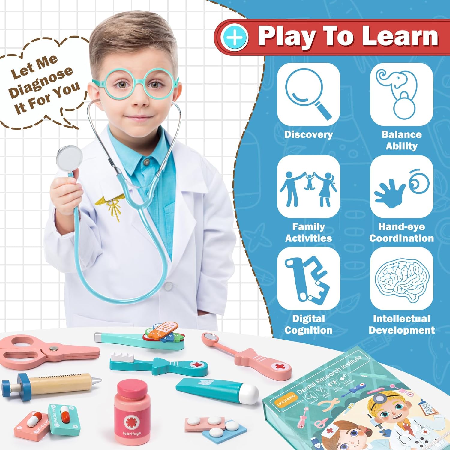Fidtoy Mallette de docteur en bois 18 pièces, jouet médical pour jeu d'imitation