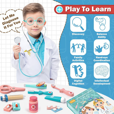 Fidtoy Mallette de docteur en bois 18 pièces, jouet médical pour jeu d'imitation