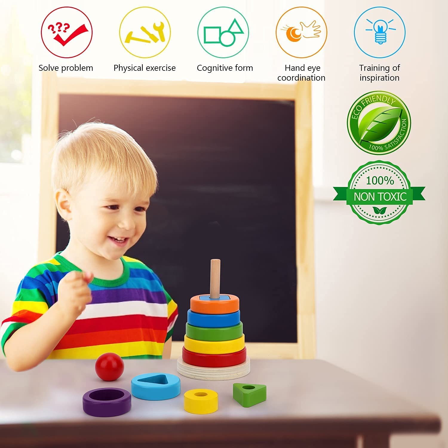 Fidtoy Torre apilable de anillos de madera arcoíris para niños pequeños, juguete Montessori para el tiempo de tranquilidad, juego en casa, clasificación de colores, desarrollo de habilidades motoras finas, juguete educativo