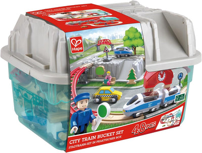 Fidtoy Circuit de train de ville en bois avec seau de rangement