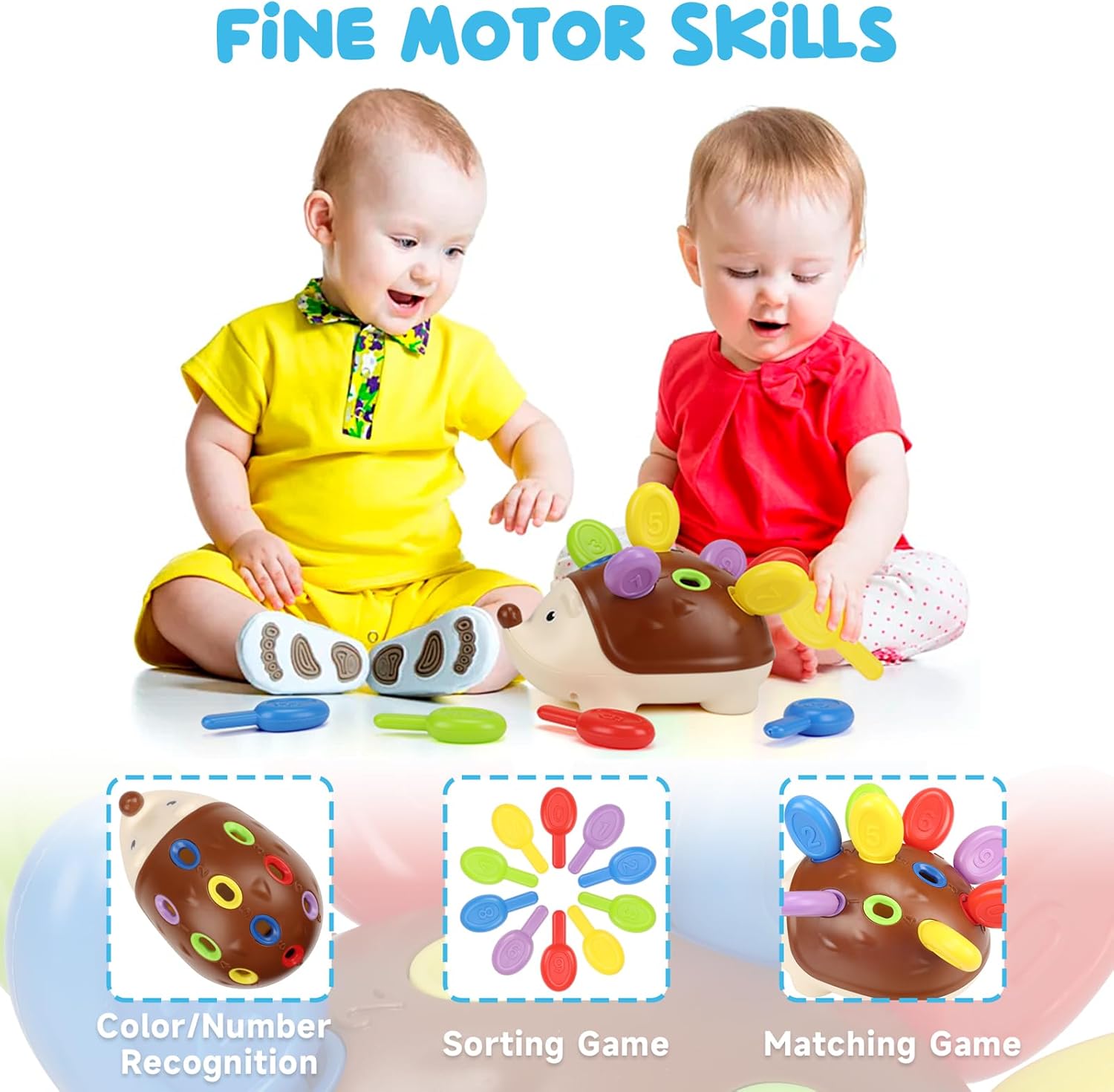 Fidtoy Montessori Hérisson jouet de motricité fine pour tout-petits – Jouet d'apprentissage pour le tri des couleurs et le comptage