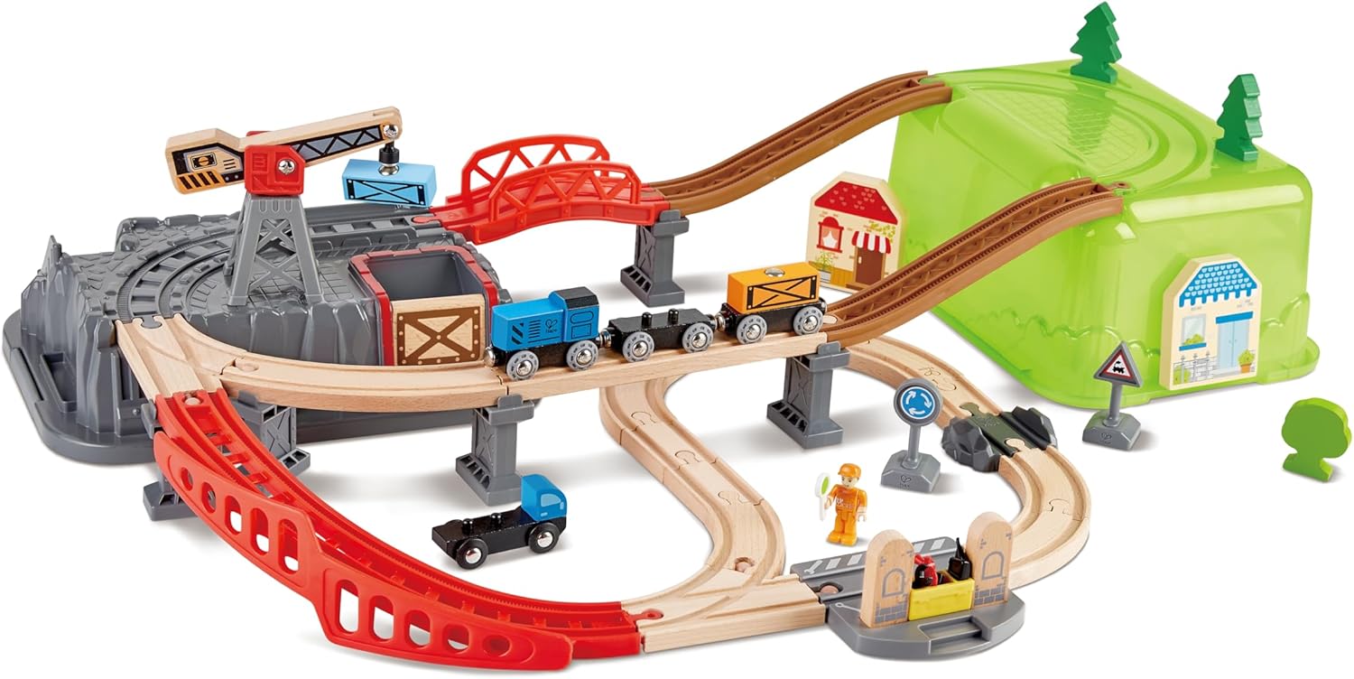 Fidtoy Juego de Tren de Construcción de Vías de Madera con Cubo, 50 Piezas