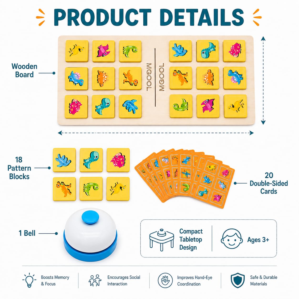 Fidtoy Interactive Dinosaur and Number Matching Bell Game for Two Players Wooden Pattern Puzzle Toy