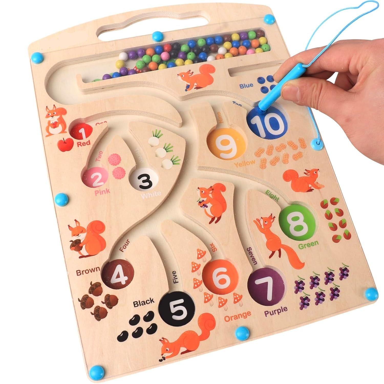 Fidtoy Wooden Magnetic Color and Number Maze Board Montessori Squirrel Bead Sorting Toy for Kids Ages 2 to 6