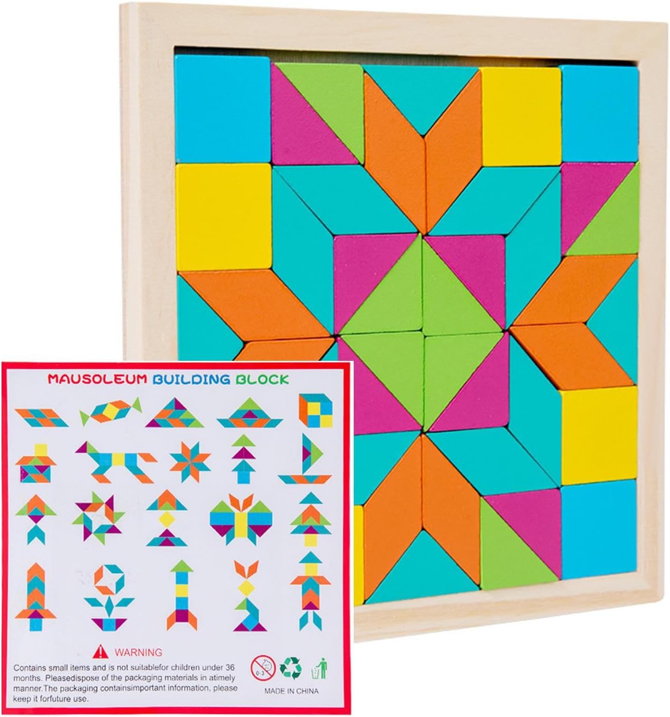 Fidtoy Wooden Geometrical Shapes Pattern Tangram Puzzle Montessori Color Shape Learning Toy for Kids Ages 2 to 6