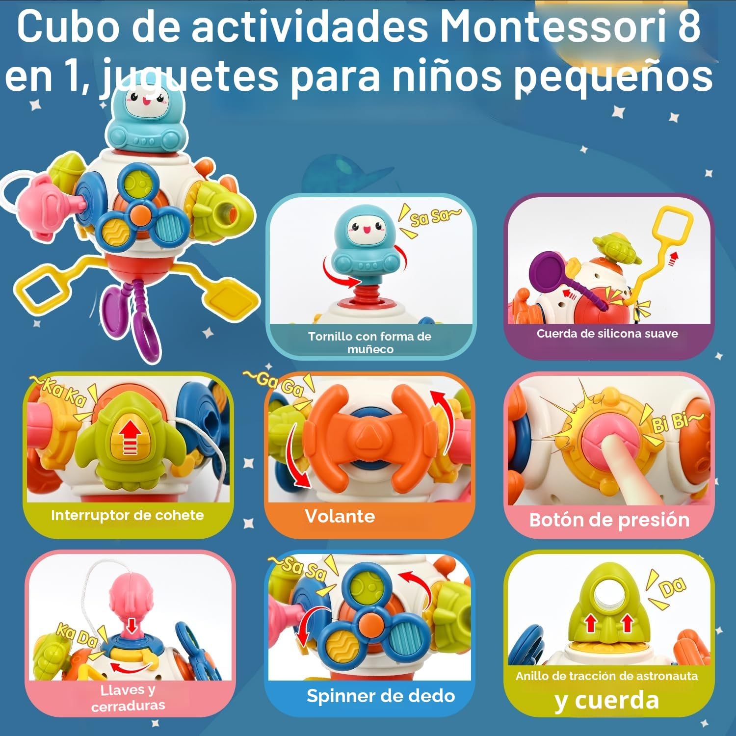 Fidtoy 8-en-1 Ensemble de Jeu d'Activités Multifonctionnel Occupé sur le Thème de l'Espace pour Tout-Petits, Cube d'Activités Sensorielles Montessori avec Boutons, Engrenages, Cordons à Tirer et Curseurs