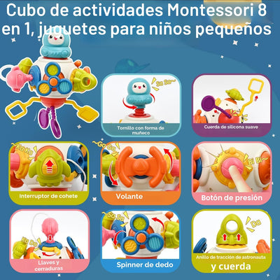 Fidtoy 8-en-1 Ensemble de Jeu d'Activités Multifonctionnel Occupé sur le Thème de l'Espace pour Tout-Petits, Cube d'Activités Sensorielles Montessori avec Boutons, Engrenages, Cordons à Tirer et Curseurs