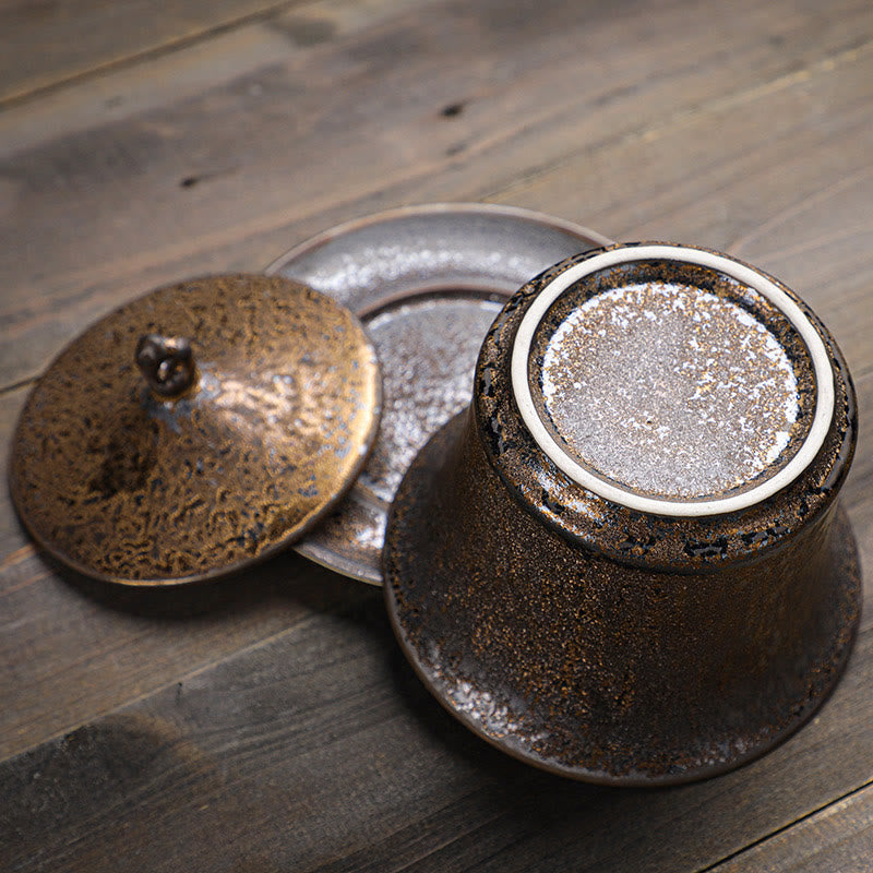 Buddha Stones Retro Rust Glaze Ceramic Gaiwan Sancai Teacup Kung Fu Tea Cup And Saucer With Lid Cup BS 4