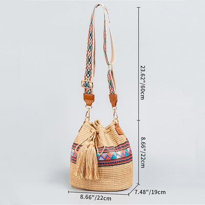 Buddha Stones Beach Geometry Straw Woven Bucket Tassels Crossbody Bag Shoulder Bag Crossbody Bag BS 9
