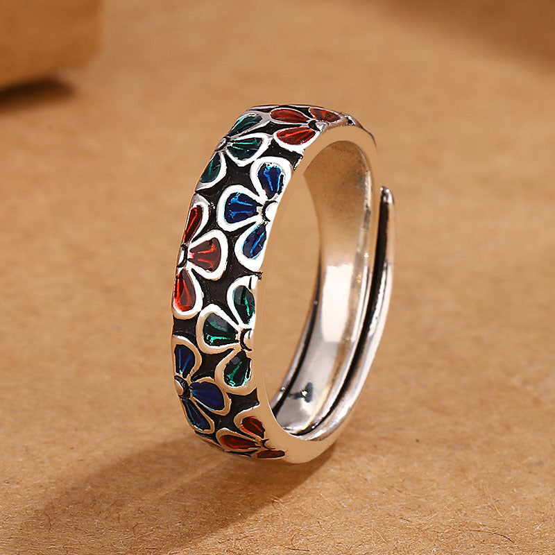 Buddha Stones Colorful Plum Blossoms Design Healing Copper Adjustable Ring Ring BS Adjustable