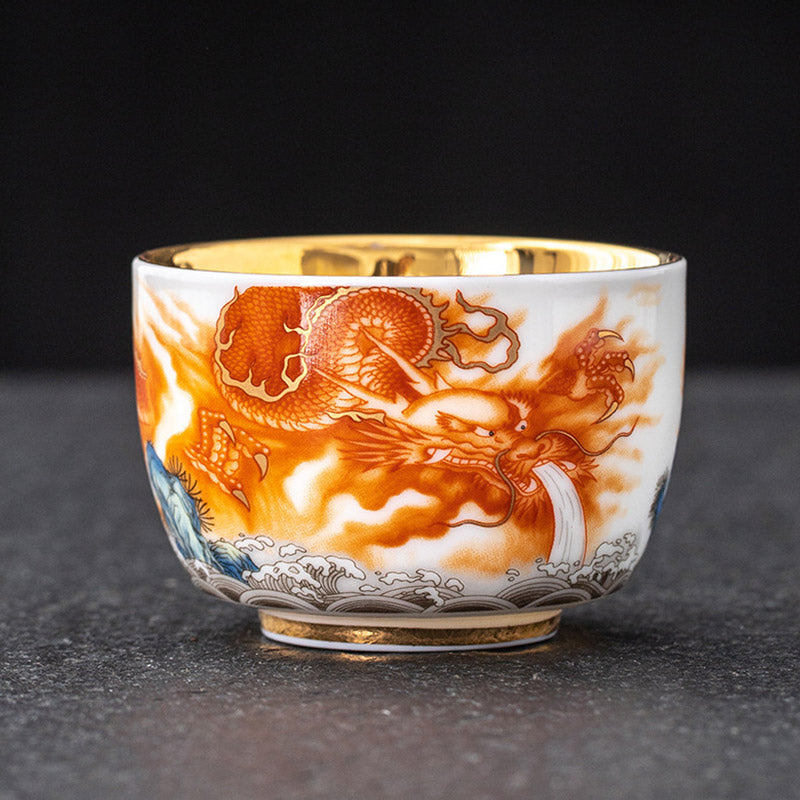 Buddha Stones Dragon Phoenix Crane Sun Ocean Waves Gilt Ceramic Teacup Kung Fu Tea Cup 170ml Cup BS Dragon 8cm*5.4cm*170ml