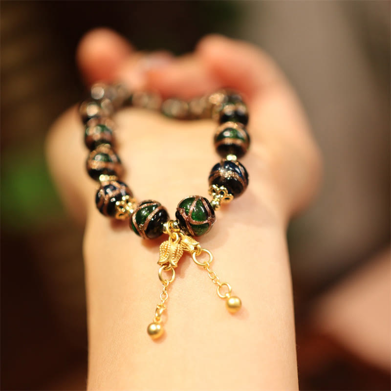 Buddha Stones Tibetan Gold Swallowing Beast Family Five God Of Wealth Thangka Fortune Bead Bracelet Bracelet BS Blue Green Flower