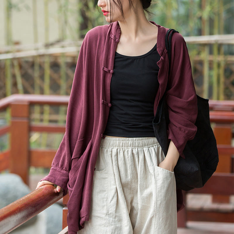 Buddha Stones Frog-Button Long Sleeve Zen Meditation Open Front Jacket With Pockets 10