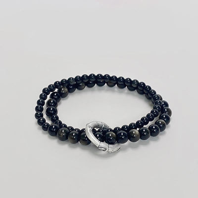 Buddha Stones 999 Sterling Silver Black Obsidian Fulfillment Strength Double Layer Bracelet Bracelet BS Black Obsidian(Wrist Circumference 14-16cm)