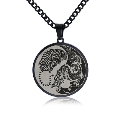Buddha Stones Tiger Dragon Titanium Steel Chain Necklace Harmony Pendant Necklaces & Pendants BS Black