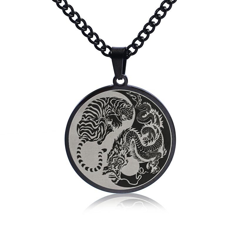 Buddha Stones Tiger Dragon Titanium Steel Chain Necklace Harmony Pendant Necklaces & Pendants BS Black
