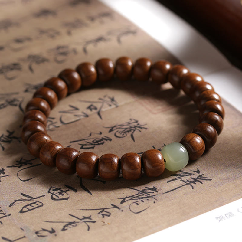 Buddha Stones Natural Abelia Biflora Wood Hetian Jade Bamboo Bead Warding Off Evil Spirits Bracelet Bracelet BS 6*8mm Abelia Biflora Wood&Hetian Jade Bead 18cm