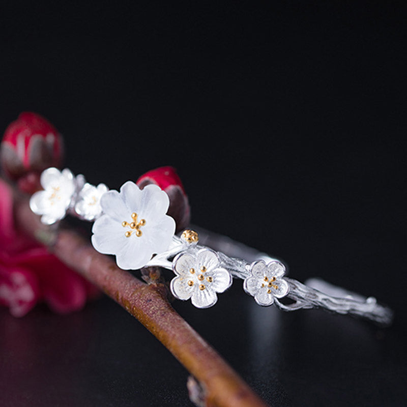 Buddha Stones 925 Sterling Silver Plum Flower Blessing Bracelet Adjustable Bangle Bracelet BS 1