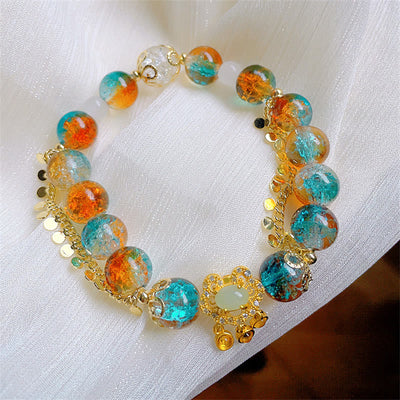 Buddha Stones Colorful Liuli Glass Bead Chinese Lock Charm Fortune Bracelet Bracelet BS 2