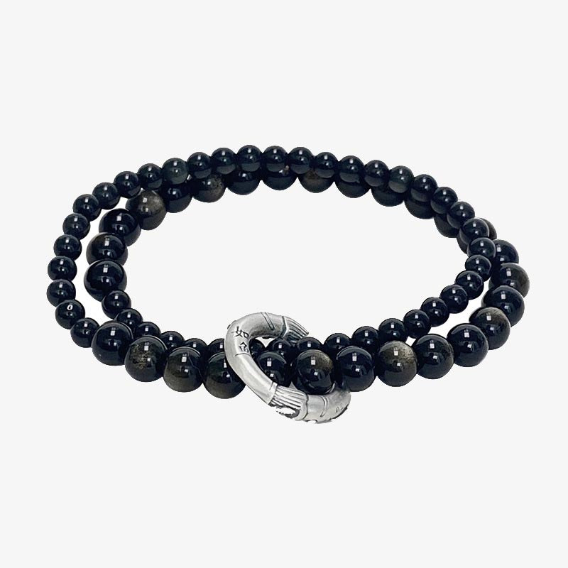Buddha Stones 999 Sterling Silver Black Obsidian Fulfillment Strength Double Layer Bracelet Bracelet BS 9