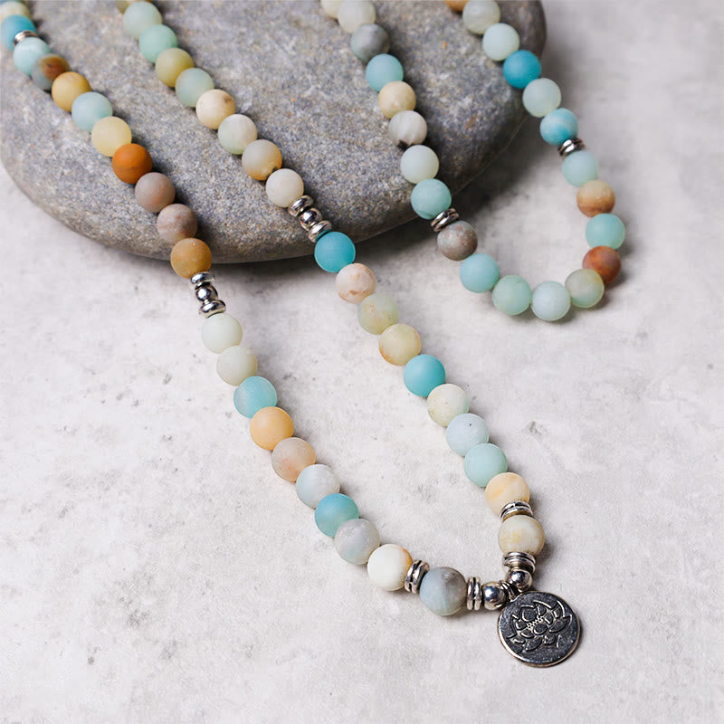 Buddha Stones Tibetan Amazonite Stone Blessing Lotus Mala Mala Bracelet BS 1