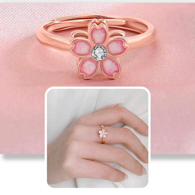 Buddha Stones 925 Sterling Silver Cherry Blossom Blessing Chain Bracelet Rotatable Ring Bracelet BS 20