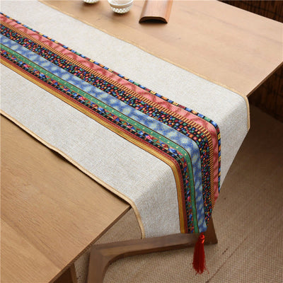 Buddha Stones Classic Chinese Style Lotus Koi Fish Flower Crane Calligraphy Enlightenment Cotton Linen Tassels Table Runner Table Runner BS 4