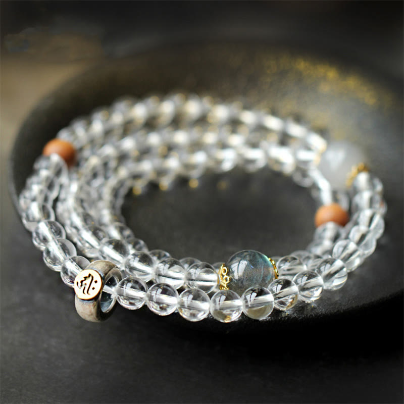 Buddha Stones 925 Sterling Silver Chinese Zodiac Natal Buddha White Crystal Meditation Triple Wrap Bracelet Bracelet BS 7