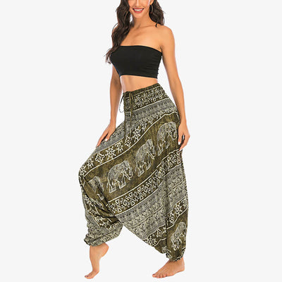 Buddha Stones Two Style Wear Elephant Pattern Loose Smocked Harem Trousers Jumpsuit Women's Yoga Pants Harem Pants&Bodysuit BS 15