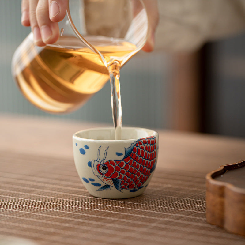 Buddha Stones Koi Fish Arowana Peony Sunflower Ceramic Teacup Kung Fu Tea Cup 60ml Cup BS 4