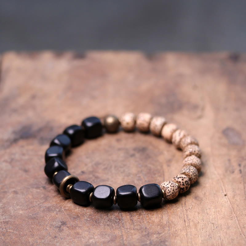 Buddha Stones Tibetan Bodhi Seed Black Obsidian Ebony Wood Copper Peace Bracelet Bracelet BS Bodhi Seed&Square Ebony Wood 18cm