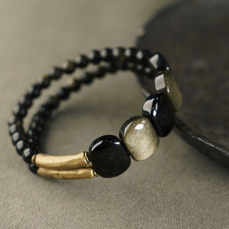 Buddha Stones Black Obsidian Gold Sheen Obsidian Strengthen Bracelet Bracelet BS 1