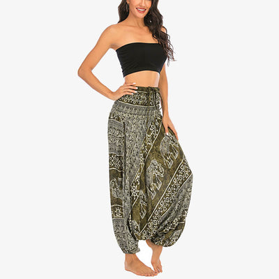 Buddha Stones Two Style Wear Elephant Pattern Loose Smocked Harem Trousers Jumpsuit Women's Yoga Pants Harem Pants&Bodysuit BS 14