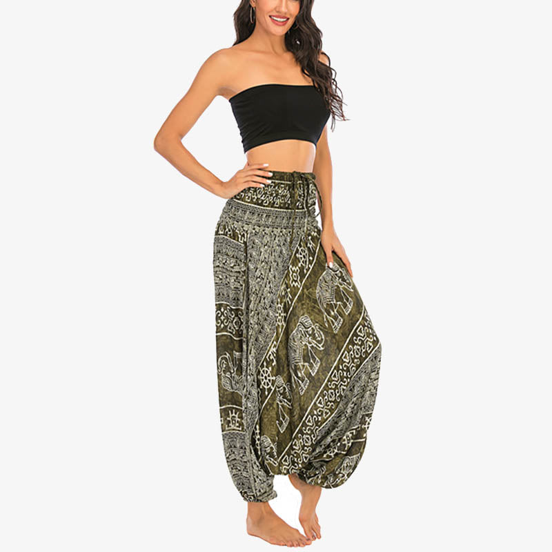 Buddha Stones Two Style Wear Elephant Pattern Loose Smocked Harem Trousers Jumpsuit Women's Yoga Pants Harem Pants&Bodysuit BS 14