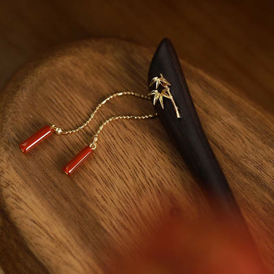 Buddha Stones Red Agate Ebony Wood Confidence Tassel Hairpin Hairpin BS 3